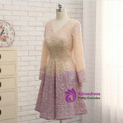 Long Sleeves V Neck Full Beading Knee Length Mother Of the Bride Dress