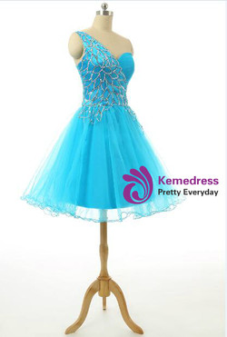 Short Blue Cocktail Dresses Tulle Beaded Knee Length Cocktail Dress