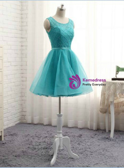 Blue Knee Length Lace With Tulle Open Back Cocktail Dresses