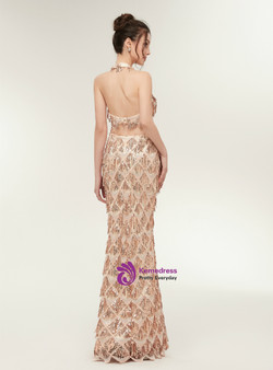 Gold Mermaid Halter Two Piece Backless Floor Length Prom Dress