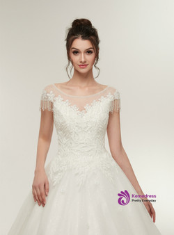 White Ball Gown Scoop Tulle Appliques Backless Wedding Dress