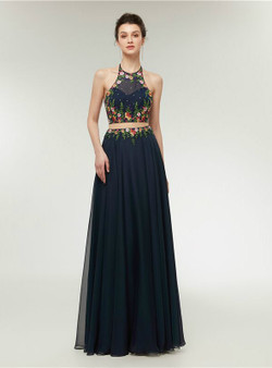 Blue Chiffon Two Piece Halter Backless Print Prom Dress