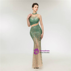 Luxurious Mermaid Champagne Tulle Green Beading Prom Dress