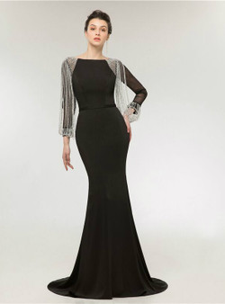 Black Mermaid Satin Long Sleeve Beading Prom Dress
