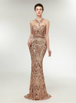 Attractive Gold Mermaid Sequins Floor Length Prom Dress