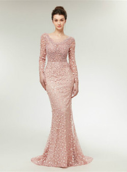 Pink Mermaid Long Sleeve Lace Pearls Backless Prom Dress