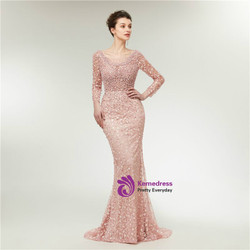 Pink Mermaid Long Sleeve Lace Pearls Backless Prom Dress