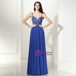 Blue Spaghetti Straps Chiffon V-neck Backless Appliques Prom Dress Blue Spaghetti Straps Chiffon V-neck Backless Appliques Prom Dress