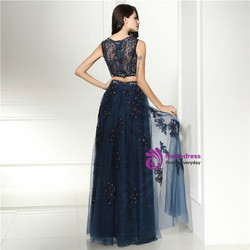 Popular Blue Two Piece Lace Tulle Beading Prom Dress