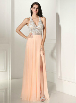 Simple A-Line Halter Backless Lace With Side Split Prom Dress