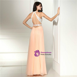 Simple A-Line Halter Backless Lace With Side Split Prom Dress