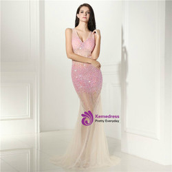 Pink Sexy Mermaid V-neck Backless Crystal Prom Dress