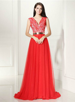 Red Tulle Lace V-neck With Sash Floor Length Prom Dress