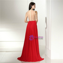 Red Illusion Chiffon High Neck Beading Crystal Prom Dress