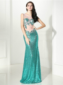 Green Mermaid Sequins Crystal Floor Length Prom Dress