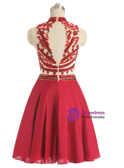 In Stock:Ship in 48 hours Red High Neck Chiffon Homecoming Dress