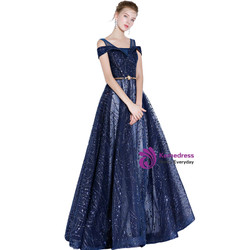 In Stock:Ship in 48 hours Blue Sequins Bling Bling With Sash Prom Dress