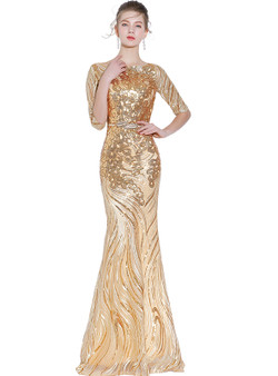 In Stock:Ship in 48 hours Gold Mermaid Short Sleeve Prom Dress