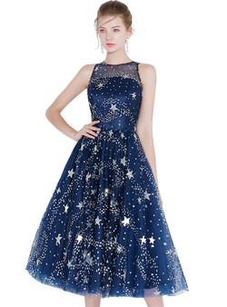 In Stock:Ship in 48 hours Blue Tulle Sequins Tea length Prom Dress In Stock:Ship in 48 hours Blue Tulle Sequins Tea length Prom Dress