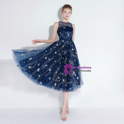 In Stock:Ship in 48 hours Blue Tulle Sequins Tea length Prom Dress In Stock:Ship in 48 hours Blue Tulle Sequins Tea length Prom Dress
