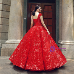 Red Ball Gown One Shoulder Sequins Floor Length Wedding Dress