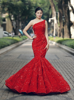 Mermaid Red Sequins One Shoulder Floor Length Wedding Dress