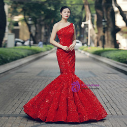 Mermaid Red Sequins One Shoulder Floor Length Wedding Dress