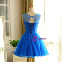 Blue Tulle Knee Length Backless Beading Homecoming Dress