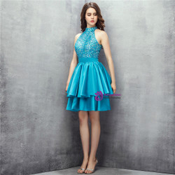 Blue Satin Halter Backless With Crystal Homecoming Dress