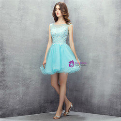 Light Blue Tulle Appliques Backless With Crystal Homecoming Dress