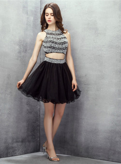 Black Two Piece Backless Pearls Sleeveless Homecoming Dress