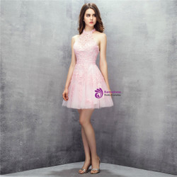 Pink Halter Backless Tulle Appliques Pearls Homecoming Dress