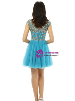 Sexy Blue Tulle Scoop With Beading Sequins Homecoming Dress