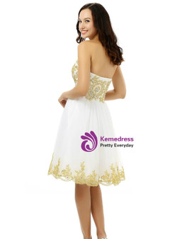White Tulle Gold Appliques Sweetheart Knee Length Homecoming Dress