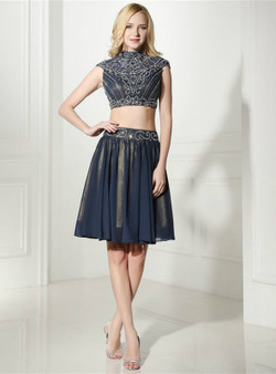 Navy Blue Two Piece Chiffon High Neck Cap Sleeve Homecoming Dress