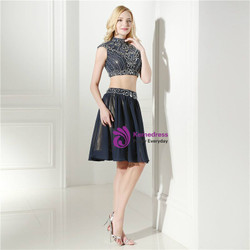 Navy Blue Two Piece Chiffon High Neck Cap Sleeve Homecoming Dress