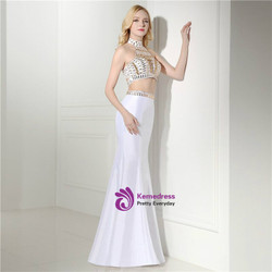 White Halter Two Piece With Crystal Floor Length Prom Dress