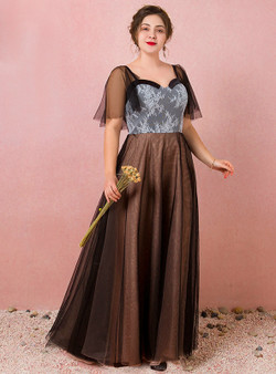 Plus Size Black Tulle Sweetheart Backless Floor Length Prom Dress