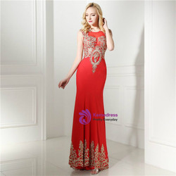 Sexy Red Mermaid Gold Lace Appliques Floor Length  Prom Dress