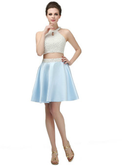 Blue Two Piece Halter Backless Satin With Pearls Homecoming Dress