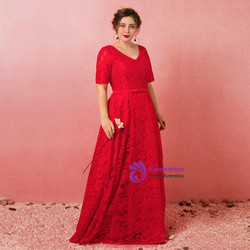 Plus Size Red Lace V-neck Short Sleeve Prom Dress