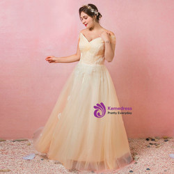 Plus Size Yellow Off The Shoulder Tulle Lace Prom Dress