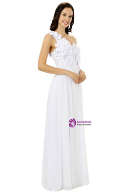 White Chiffon One Shoulder Flower Pleats Bridesmaid Dress