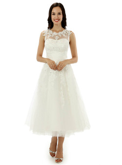 White Tea Length Tulle Appliques Backless Wedding Dress