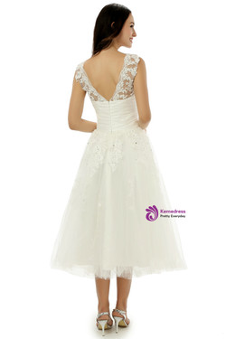 White Tea Length Tulle Appliques Backless Wedding Dress