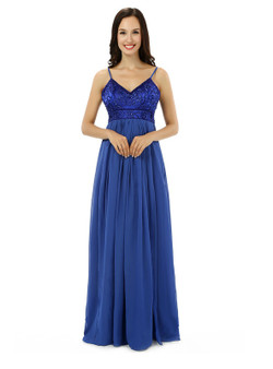Blue Chiffon Spaghetti Straps Backless With Beading Bridesmaid Dress