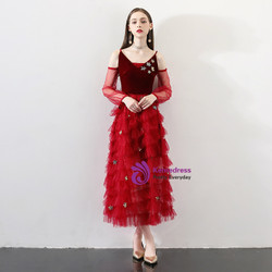 In Stock:Ship in 48 hours Burgundy Spaghetti Straps Tulle Prom Dress