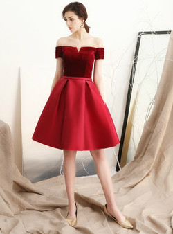 In Stock:Ship in 48 hours Burgundy Off the Shoulder Satin Homecoming Dress