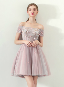 In Stock:Ship in 48 hours Pink Off the Shoulder Tulle Homecoming Dress