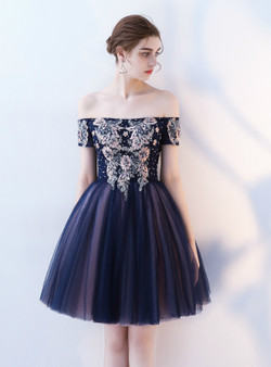 In Stock:Ship in 48 hours Navy Blue Off the Shoulder Homecoming Dress